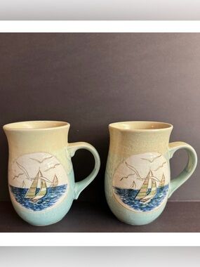 2 Vintage Otagiri Sailboat and seagull pottery mugs.Made in Japan